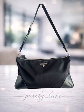 Prada Black Nylon Shoulder Bag with Leather Corner Trim- FREE COA